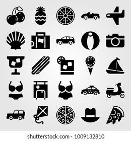 Summertime vector icon set. beach ball, hat, photo camera and sport car