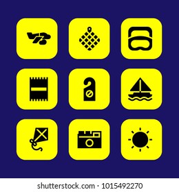 Summertime vector icon set. beach towel, airplane, sailboat and diving