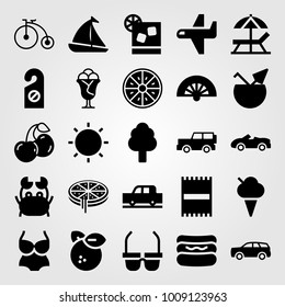 Summertime vector icon set. bicycle, sun umbrella, pizza and towel
