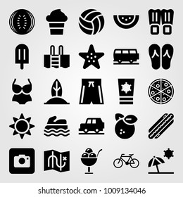Summertime vector icon set. bicycle, flip flops, watermelon and starfish
