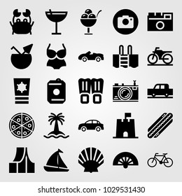 Summertime vector icon set. bicycle, shell, flippers and sand castle