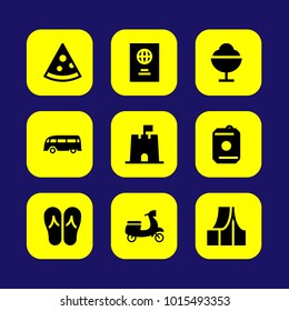 Summertime vector icon set. bus, tent, motorbike and pizza