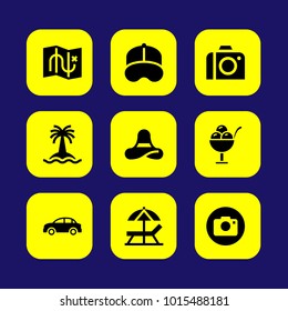Summertime vector icon set. cap, tree, ice cream and photo camera
