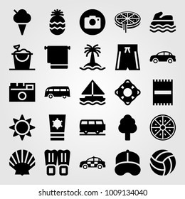 Summertime vector icon set. car, sailboat, van and beach towel