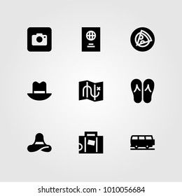 Summertime vector icon set. car, pizza, pamela and van