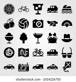 Summertime vector icon set. car, map, pizza and hat