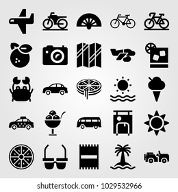 Summertime vector icon set. car, airplane, beach towel and sea