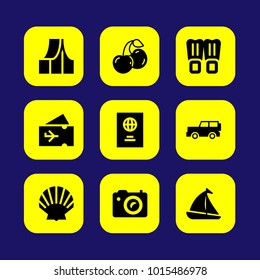 Summertime vector icon set. cherries, flippers, shell and plane ticket
