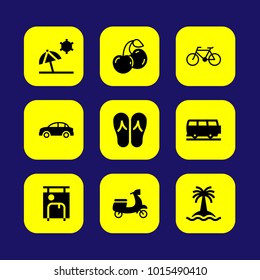Summertime vector icon set. cherry, motorbike, flip flops and suitcase