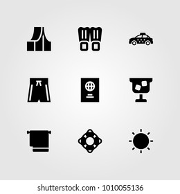 Summertime vector icon set. cocktail, sun, flippers and lifeguard