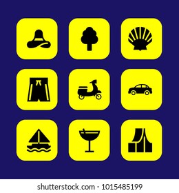Summertime vector icon set. cocktail, swimsuit, motorbike and shell