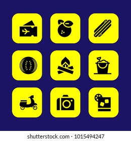 Summertime vector icon set. cocktail, photo camera, plane ticket and orange