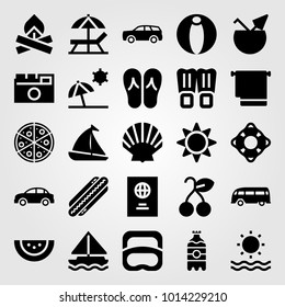 Summertime vector icon set. diving, shell, drink and flippers