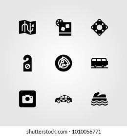 Summertime vector icon set. doorknob, car, photo camera and van