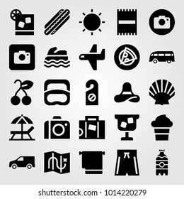Summertime vector icon set. drink, car, photo camera and swimsuit