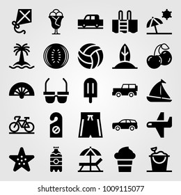 Summertime vector icon set. fan, soda, ice cream and sun umbrella