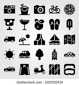 Summertime vector icon set. flip flops, cocktail, truck and van