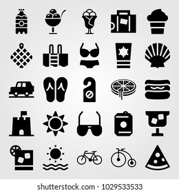 Summertime vector icon set. flip flops, car, bicycle and shell