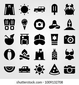 Summertime vector icon set. flippers, sand castle, and photo camera