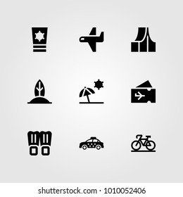 Summertime vector icon set. flippers, bicycle, car and airplane