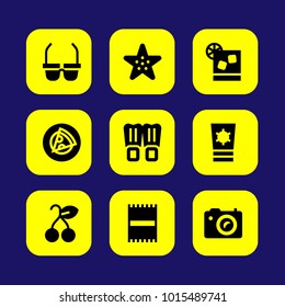 Summertime vector icon set. flippers, starfish, pizza and sunglasses