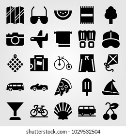 Summertime vector icon set. flippers, airplane, baseball cap and tree