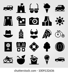 Summertime vector icon set. ice cream, bicycle, photo camera and swimsuit