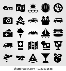 Summertime vector icon set. ice cream, car, sun cream and sun