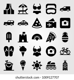Summertime vector icon set. jeep, bikini, sun umbrella and tent