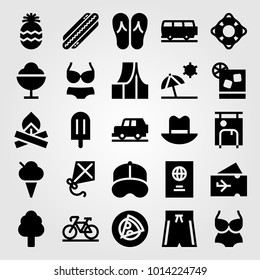 Summertime vector icon set. kite, suitcase, ice cream and passport