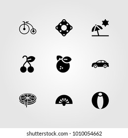 Summertime vector icon set. lifeguard, beach ball, pizza and beach