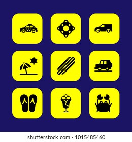 Summertime vector icon set. lifeguard, car, taxi and crab