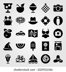 Summertime vector icon set. lifeguard, map, crab and taxi