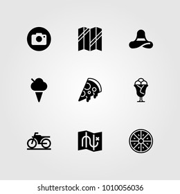 Summertime vector icon set. map, motorbike, pizza and photo camera