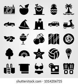 Summertime vector icon set. motorbike, sailboat, flippers and volleyball