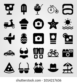 Summertime vector icon set. motorbike, photo camera, diving and sun umbrella
