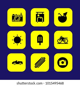 Summertime vector icon set. motorbike, sport car, hot dog and car