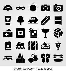 Summertime vector icon set. motorbike, towel, van and sea scooter