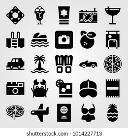 Summertime vector icon set. orange, suitcase, swimsuit and pineapple
