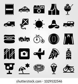 Summertime vector icon set. pamela, truck, car and swimsuit