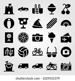 Summertime vector icon set. passport, fan, swimming pool and van