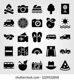 Summertime vector icon set. passport, flip flops, sea and bus