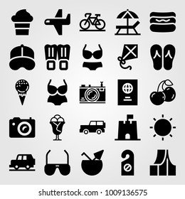 Summertime vector icon set. photo camera, baseball cap, hot dog and car