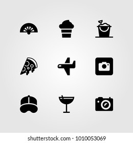 Summertime vector icon set. photo camera, sand bucket, airplane and fan