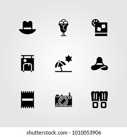Summertime vector icon set. photo camera, beach towel, beach and towel