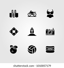 Summertime vector icon set. photo camera, motorbike, hot dog and orange