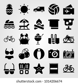 Summertime vector icon set. photo camera, crab, plane ticket and cocktail