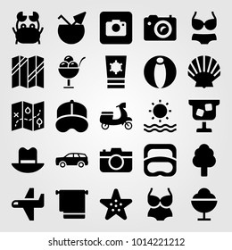 Summertime vector icon set. photo camera, airplane, ice cream and shell