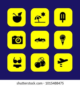 Summertime vector icon set. photo camera, coconut, sport car and ice cream