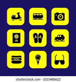 Summertime vector icon set. photo camera, car, sunglasses and flip flops